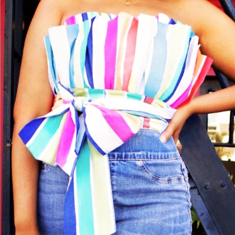 NY&Co. Pleated Strapless Tube Sleeveless Top Blouse with Bow Tie Detail